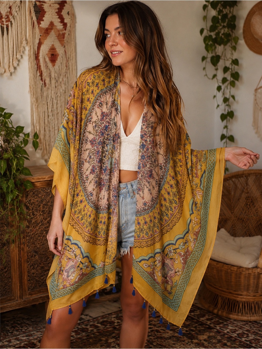 Woven Heart Yellow Printed Sheer Kimono